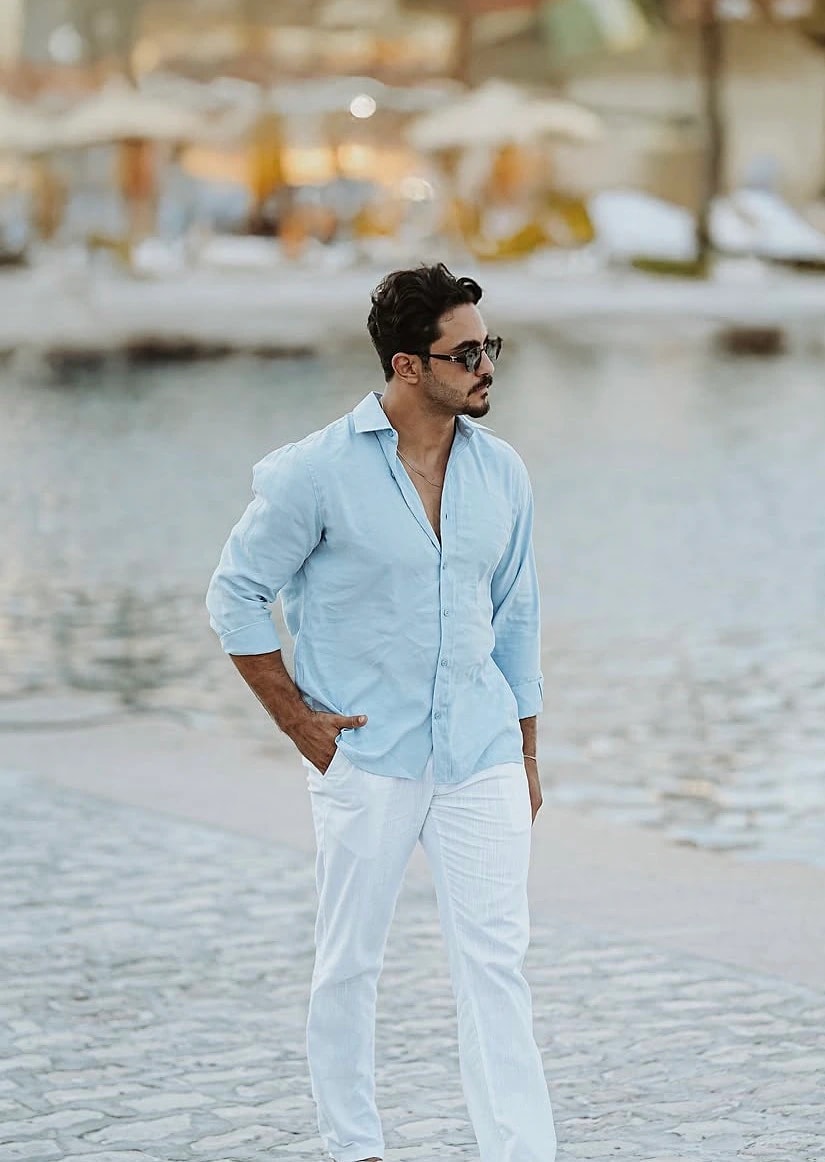 Chemise en lin bleu ciel